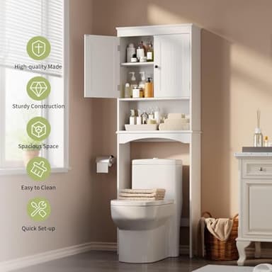 Gizoon Over The Toilet Storage Cabinet with Adjustable Shelf and Double Doors, Bathroom Space Saver Organizer Above Toilet with Open Shelf, Taller Wooden Free Standing Toilet Rack -White - Image 9