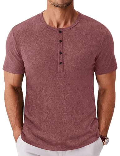 COOFANDY Men's Casual Short Sleeve Henley Shirts Stylish Summer Tee Button Henley Basic Tee Red - Image 1