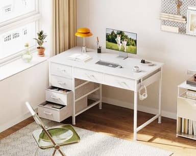 ODK Computer Desk with 6 Drawers, 40 Inch Small Desk with Storage, Reversible Desk with Headphone Hook for Home Office, Work Study Table for Bedroom, White - Image 2