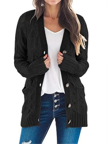 MEROKEETY Women's 2025 Fall Long Sleeve Cable Knit Cardigan Sweater Open Front Button Loose Outerwear Black - Image 1