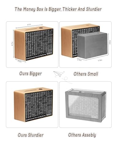 Large Money Saving Box,Wooden Piggy Bank Adults Savings Challenge Box with 10 Targets $200 to $10000 for Kids and Adults,Natural,9.1 x 6.7 x 3.2 Inches - Image 2