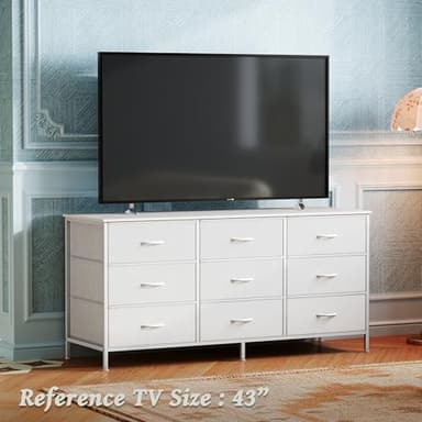 Huuger 9 Drawer Dresser, 47 Inch TV Stand for 50, 55 Inch TV, Entertainment Center with Drawers, Fabric Dresser Chest of Drawer for Bedroom, Closet, PU Leather Surface, White - Image 6