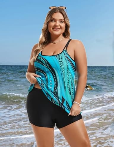 Maternity Swimsuit Plus Size Tummy Control Bathing Suits Scoop Neck Tankini Top with Boy Shorts Blue Ripples 7X - Image 4