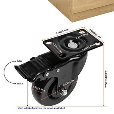 Moogiitools 4" Swivel Rubber Caster Wheels with Safety Dual Locking Heavy Duty 1800lbs Casters Set of 4 Black (All with Brake) - Image 6