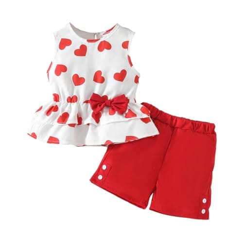 Kids Girl Clothes Heart Print Sleeveless Top and Shorts Baby Girl Summer Outfits Short Set(6-7T) - Image 1