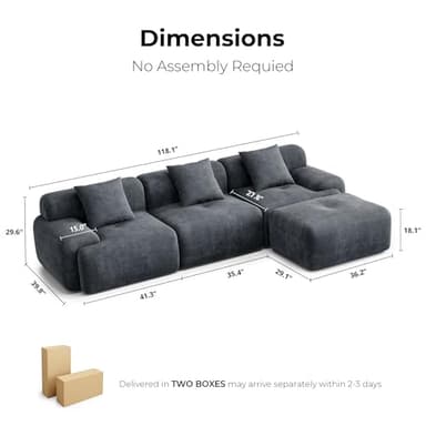 LIKIMIO 118" Modern L-Shaped Modular Sectional Sofa for Living Room, Corduroy Upholstery Dark Grey-Blue, Oversized 3-Seater Couch with Deep Seat and Movable Ottoman – No Assembly - Image 2