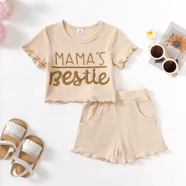 Mikrdoo Toddler Baby Girl Clothes Summer Short Sleeve T Shirt Tops Cute Infant Ruffle Ribbed Knit Shorts Outfits Set Solid Color Apricot 12 18 Months - Image 3