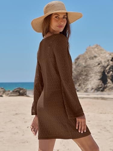 ANRABESS Beach Cover Ups for Women Crochet Swimsuit Bathing Suit Swimwear Bikini Mesh Knit Dress 2025 Summer Vacation Outfits Small Brown - Image 6