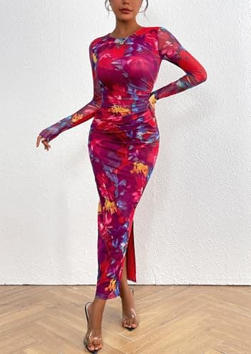 PRETTYGARDEN Women's Bodycon Maxi Dress Fall Spring Fashion Long Sleeve Floral Print Tight Fitted Party Club Ruched Dresses (Navy Red Big Floral,Medium) - Image 8