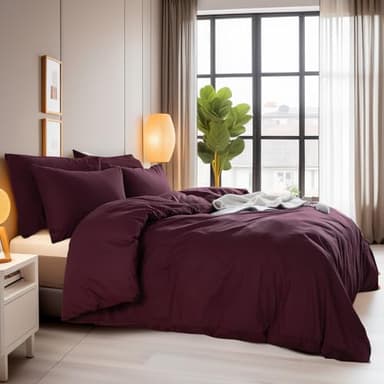 NEXHOME PRO Duvet Cover Set King Size Linen Look Textured Organic Natural 100% Washed Cotton Duvet Cover Burgundy Dark Red 3 Pieces Bedding Set with Zipper, Breathable, Soft (No Comforter) - Image 2