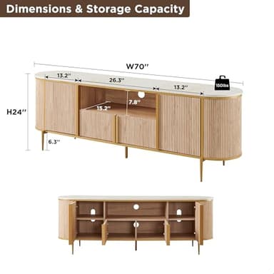 OKD Luxury 70" Fluted TV Stand, Modern Chic Entertainment Center for TVs Up to 80 inches, TV Console with Faux Marble Top, Curved Profile Design, Media Console for Living Room, Natural Oak - Image 6