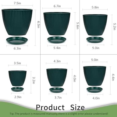 Vodotion - Plant Pots Indoor with Saucers & Drainage - 6 Pack Flower Pots - Plastic Planters for Indoor Planter - 7.5/6.6/5.8/5.0/4.3/3.5 inches Sizes for All Different Types of Plants-Dark Green - Image 6