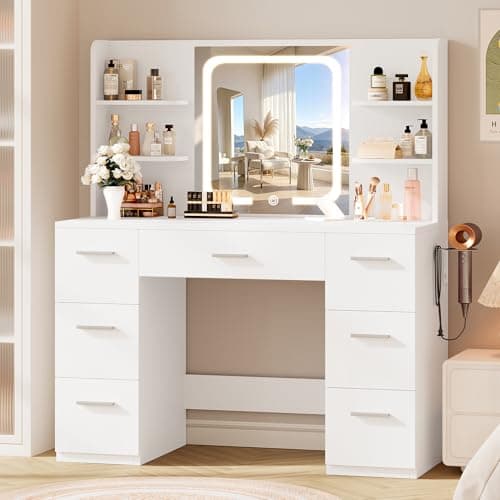 LIVELYGLOW Large Makeup Vanity Desk, 43.3”W x 15.7“D x 53.2”H, White (Large Desktop, Samrt LED Mirror, 4 Open Shelves, 7 Drawers, Hairdryer Rack, Power-Outlet, No Cushion Stool Included) - Image 1