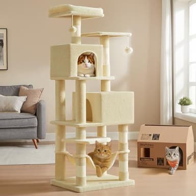 Feandrea Cat Tree, 61-Inch Cat Tower for Indoor Cats, Plush Multi-Level Cat Condo with 5 Scratching Posts, 2 Perches, 2 Caves, Hammock, 2 Pompoms, Beige UPCT192M01 - Image 2