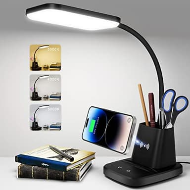Sailstar Desk Lamp, LED Desk Lamps for Home Office, Wireless Charger Small Desk Lamp with Pen Holder, 3 Color Modes, Dimmable, CRI 85, 800LM, Study Lamps for College Dorm Room, Adapter Included, Black - Image 1