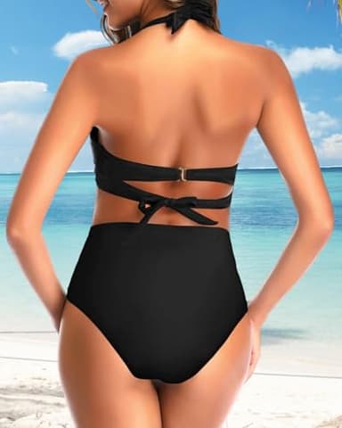 Tempt Me Women's Vintage Swimsuits Pure Black Retro Halter Ruched High Waist Bikini with Bottom L - Image 2