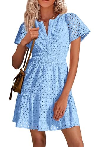 PRETTYGARDEN Womens 2025 Summer Short Dress V Neck Short Sleeve A Line Hollow Out Lace Ruffle Cute Casual Beach Party Dresses (Light Blue,Large) - Image 1