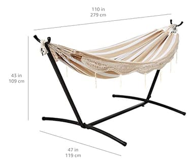 Amazon Basics Double Hammock with 9-Foot Space Saving Steel Stand and Carrying Case, 450 lb Capacity, Beige Stripe with Lace, 110 x 47 x 43 inches - Image 3