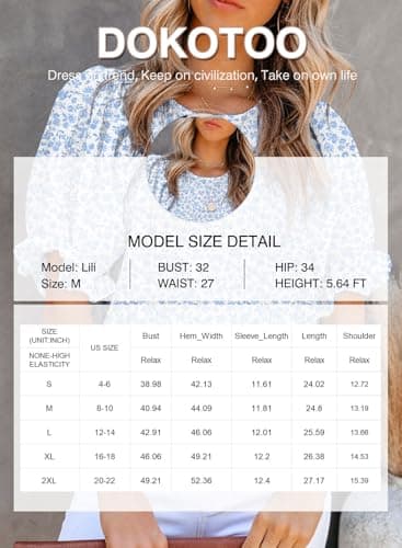 Dokotoo Womens Tops Summer Blouses and Tops Casual Floral Print Crewneck Flowy Smocked Puff Short Sleeve Shirt Stylish Loose Babydoll Blouse Elegant Solid Shirts Top for Teen Girls Juniors Medium Pink - Image 6