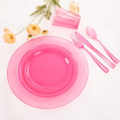 WDF 25 Guest Pink Plates with Pink Plastic Silverware&Pink Cups-Neon Clear Disposable Dinnerware include 50 Plates,25Forks, 25 Knives, 25 Spoons,25 Plastic Cups for Party and Baby Shower - Image 7