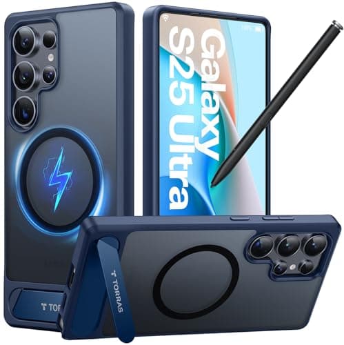 TORRAS Strong Magnetic & Seamless Stand for Samsung Galaxy S25 Ultra Case, Fit for MagSafe, Mil-Grade Drop Protection, Kickstand for Samsung Galaxy S25 Ultra Case, Translucent Back/Blue Edge - Image 1