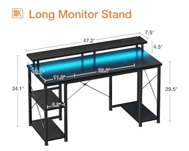 ODK 48 inch Gaming Desk with LED Lights & Power Outlets, Computer Desk with Monitor Stand & Storage Sheves, CPU Stand, Home Office Desk, Black - Image 3