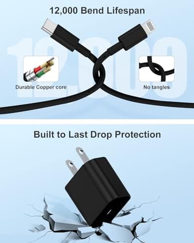 Susnwere iPhone 14 13 12 Charger Fast Charging, 2 Pack 20W Fast PD USB C Wall Charger Adapter with 3Pack 6Ft USB C to Lightning Cable (MFi Certified) for 14/14 Plus/14 Pro/14 Pro Max/13/ Black - Image 5