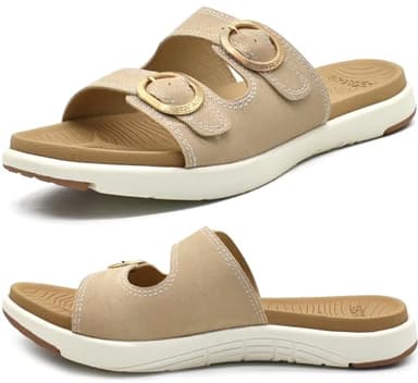 COFACE Womens Orthotic Slides Comfort Plantar Fasciitis Arch Support Slip on Flat Sandals Ladies Soft Cushion Fashion Yoga Mat Slippers With Adjustable Straps, Beige Size 8.5 - Image 1
