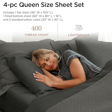 Threadmill Queen Bed Linen Set, 400 Thread Count Egyptian Cotton, Deep Pocket, Cooling Damask Jacquard, Dark Grey, 4 Piece Set - Image 2