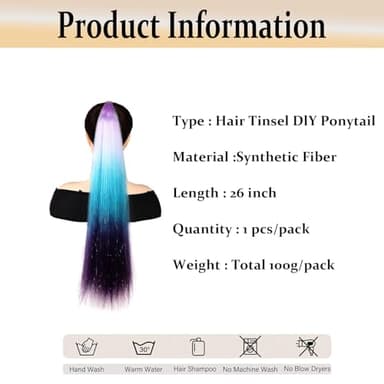 Newshair Colorful Ponytail Extension with Hair Tie, 26 inch Ombre Braid Ponytail Blend Hair Tinsel for Holiday Party Rainbow Festival(100g 1 Packs #Light Purple/Dark Green/Dark Purple) - Image 5