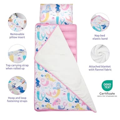 Safotad Toddler Nap Mat with Pillow & Blanket, 54"x33" Portable Roll-Up Design - Soft, Washable, Lightweight Toddler Sleeping Bags - Great for Preschool, Daycare, Pink - Image 2