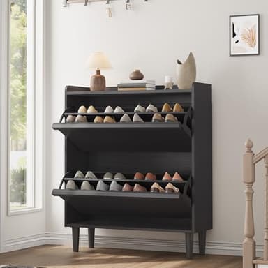 GarveeHome Shoe Cabinet with 2 Flip Drawers, Wooden Shoe Organizer Cabinet with Adjustable Shelf, Shoe Storage for Entryway, Hidden Shoe Cabinet for Hallway, Living Room, Black - Image 1