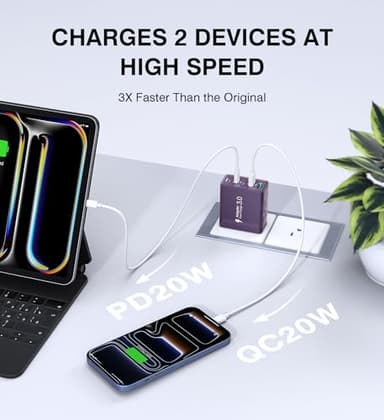 [2Pack] 60W USB C Plug,5-Port Fast Charger Block PD+QC Cube Wall Charging Box Brick for iPhone 17/16/15/14/13 for Samsung Galaxy S25/S24/S23/S22/S21+/S21 Ultra, Magsafe Wireless Charger,(Purple) - Image 2