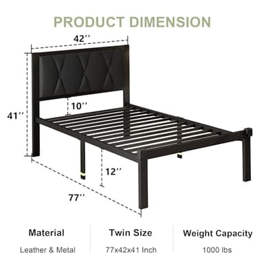 Feonase Twin Size Metal Bed Frame with Faux Leather Button Tufted Headboard, Platform Bed Frame with Heavy Duty Metal Slats, 12" Storage Space, Noise Free, No Box Spring Needed, Black - Image 2