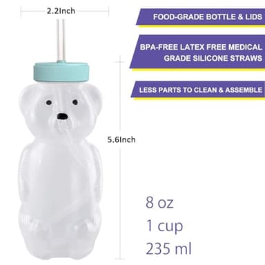 Honey Bear Straw Cups, Juice Bear Bottle Drinking Cup Long Straws with 4 Flexible Straws & Cleaning Tools, 8-Ounce Therapy Sippy Bottles for Speech and Feeding Training, Food-Grade & BPA Free 2 Pack - Image 6