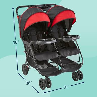 Kolcraft Cloud Plus Lightweight Double Stroller Side-by-Side for Infant Toddler, Compact Folding Travel System with Reclining Seats, Canopies, Storage Basket, Trays, Easy Maneuver – Red Black - Image 2