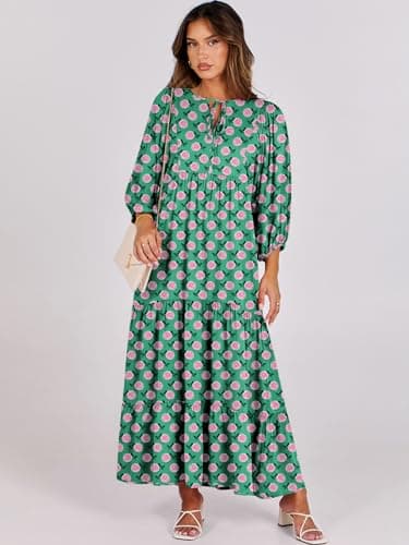 ANRABESS Womens Boho Maxi Dresses 2025 Summer V Neck Puff Sleeve Floral Flowy Swing Fall Casual Long Dress Green Small - Image 6