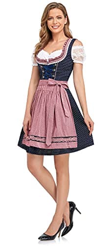 HiZiTi Oktoberfest Costumes Women Dirndl Dresses 3 Pcs German Oktoberfest Dresses Bavarian Costume Beer Carnival Outfits with Blue Dirndl Dress White Blouse Pink Detachable Apron M - Image 2