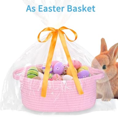 ABenkle Small Woven Easter Basket with Handle, 12x8x5 inches, Durable Storage Basket, Gift Wrap Ready with Ribbon - Image 3