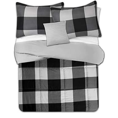 7 Piece Comforter Set Bag Solid Color All Season Soft Down Alternative Blanket & Luxurious Microfiber Bed Sheets, Full, Buffalo Plaid Black/Gray - Image 2