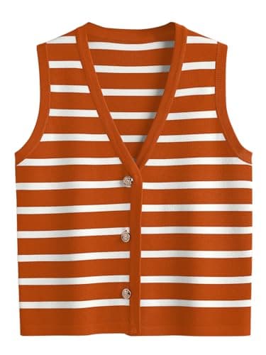 LILLUSORY Summer Vest Tops for Women 2025 Striped Sweater Vests Vacation Button Up Outfits Shirts Blouses Jacket Clothes OrangeWhite M - Image 1