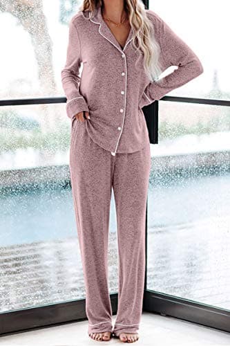 Aamikast Women's Two-piece Classic knit Pajama Sets Long Sleeve Button Down Sleepwear (M, Pink) - Image 2