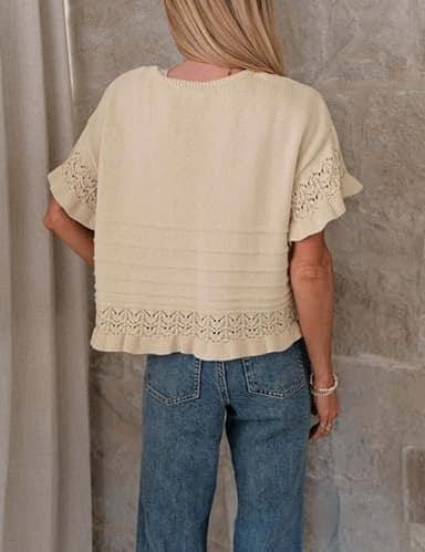 Yeokou Womens Short Sleeve Sweater Round Neck Ruffled Hem Knit Crochet Pullover Summer Fall Casual Top Blouse(Khaki-M) - Image 4