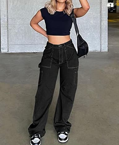 Dokotoo Black Cargo Pants Women Wide Leg Dress Pants High Waisted Trousers Slacks Baggy Womens Trousers Casual Loose Trendy Work Palazzo Pockets - Image 6