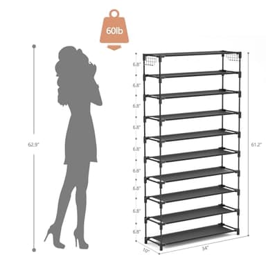LANTEFUL 10 Tiers Shoe Rack 50 Pairs Large Capacity Tall Shoe Organizer Sturdy Shoe Storage with Two Hooks Space Saving Metal Wide Shoe Rack for Closet, Entryway, Bedroom, Black - Image 3