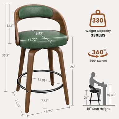 REONEY Swivel Bar Stools Set of 3, 26" Counter Height Bentwood Barstool, Mid-Century Modern PU Leather Upholstered Bar Chair with Back and Footrest, for Kitchen Island, Bar, Cafe, Dining Room, Green - Image 2