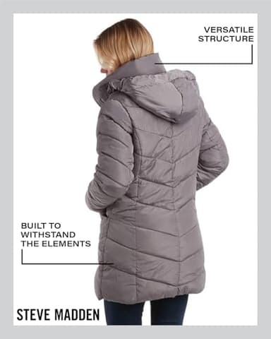 Steve Madden Women's Long Chervron Quilted Outerwear Jacket, Titanium, Medium - Image 7