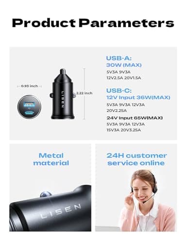 LISEN 95W USB C Fast Car Charger, Dual Port PD 65W Car Charger USB C Fast Charging, Cigarette Lighter Adapter All Metal Fast Charger for iPhone 16 Pro Max 15 14 iPad Samsung Galaxy, Black - Image 6