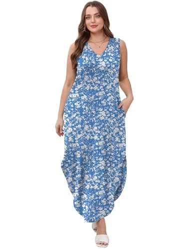 Sampeel Summer Dresses for Women 2025 Sundresses Casual Long Flowy Beach Vacation Date Cruise Essentials 2025 Floral Blue M - Image 6