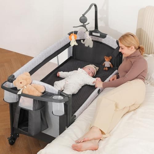 ELEMARA 4 in 1 Wide Baby Bassinet Bedside with Diaper Changer,Long Next to Bed Crib with Mattress,Sheet,Music and Blackout Cover,Playpen Travel Bed with Storage,XL Co Sleeper with 3 Adjustable Height - Image 1